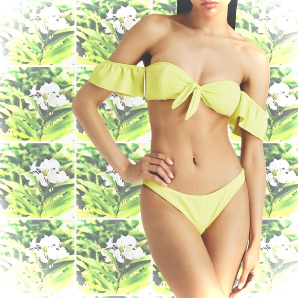 EBERJEY | M | Lola Pique Flutter Off Shoulder Bikini Top Electric Lime Green NWT - Picture 3 of 10